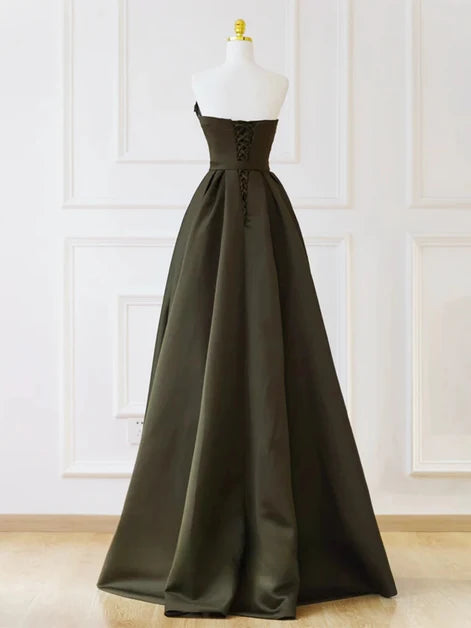 Olive Green Satin A-Line Sweetheart Lace-up Floor-Length Dress