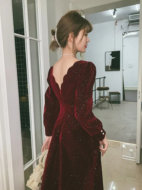 Burgundy Glitter Velvet A-Line V-Neck V-Back Ankle-Length Dress