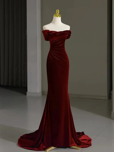 Burgundy Velvet Mermaid Off-the-Shoulder Lace-Up Back Floor-Length Dress