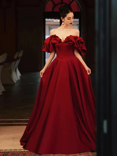 Burgundy Satin A-Line Off-the-Shoulder Low-Back Floor-Length Dress