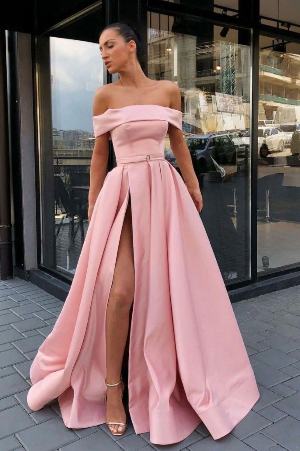 Weitese Charming A Line Off the Shoulder Pink Long Prom Dress with Slit