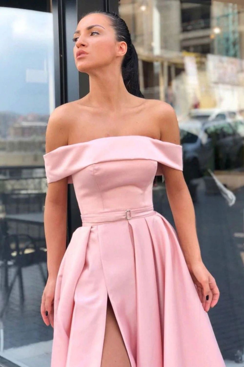 Weitese Charming A Line Off the Shoulder Pink Long Prom Dress with Slit