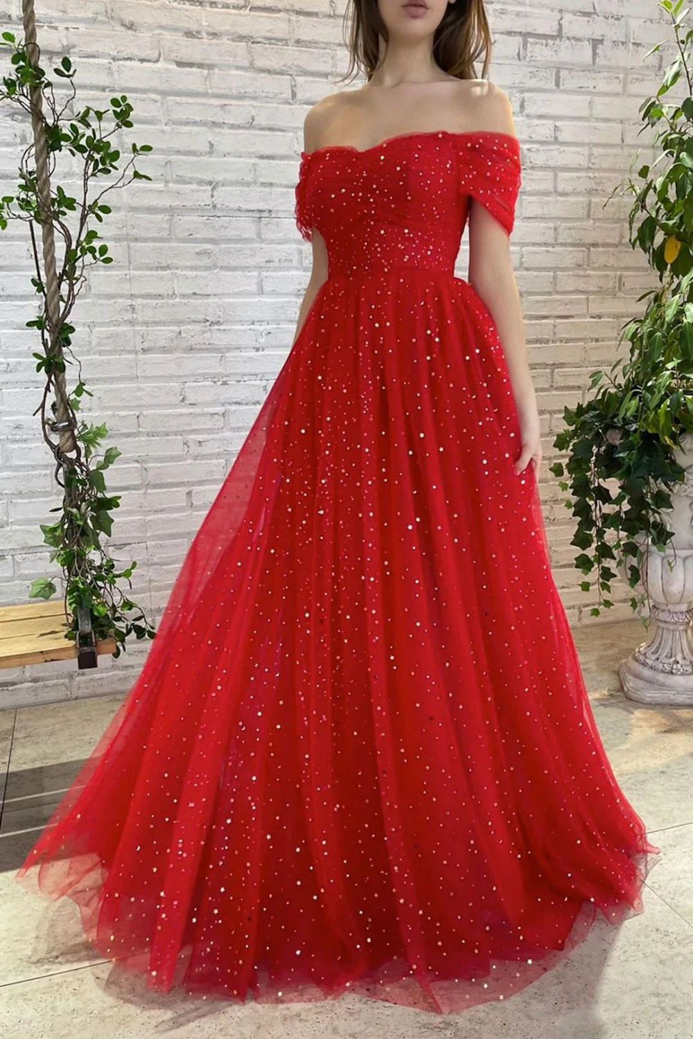 Weitese Charming A Line Off the Shoulder Red Long Prom Dress