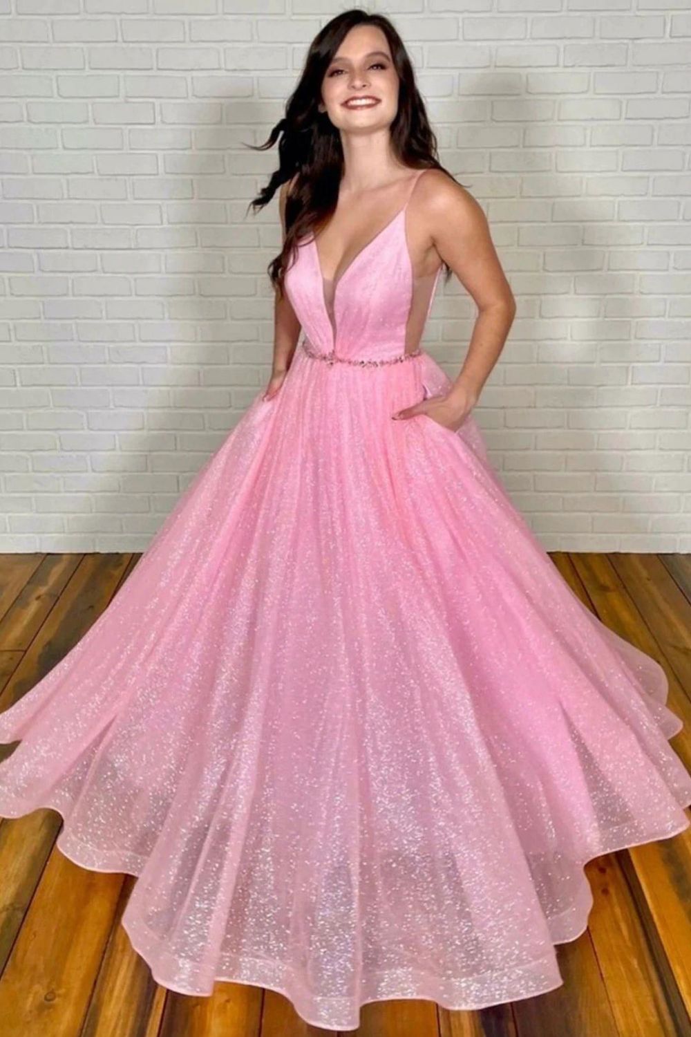 Weitese Beautiful A Line Deep V Neck Pink Long Prom Dress with Beading