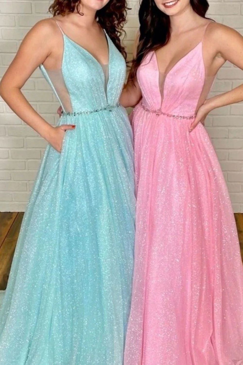 Weitese Beautiful A Line Deep V Neck Pink Long Prom Dress with Beading