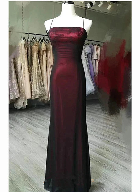 Burgundy Lace Sheath Straight Across Lace-Up Back Floor-Length Dress