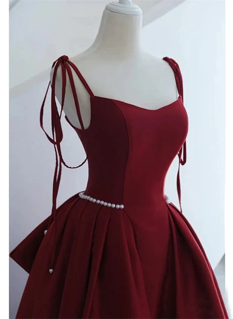 Burgundy Satin A-Line Sweetheart Lace-Up Back Floor-Length Dress