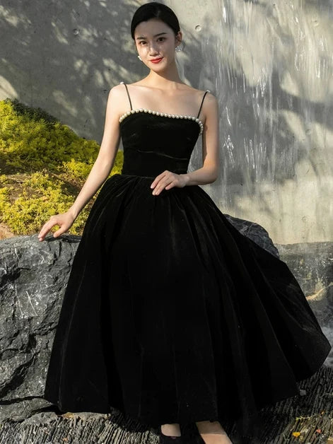 Black Velvet A-Line Straight Across Zipper Back Ankle Length Dress