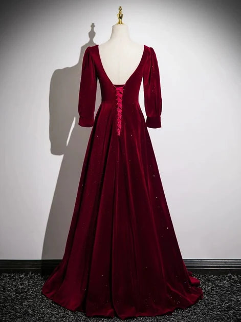 Burgundy Glitter Velvet A-Line Square Neck Lace-Up Back Floor-Length Dress