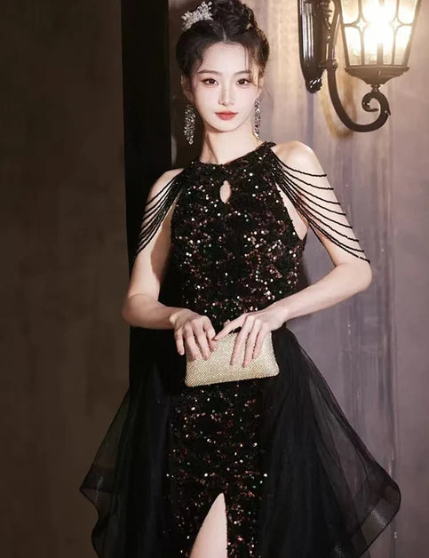 Black Sequin Sheath Keyhole Neck High Back Floor-Length Dress