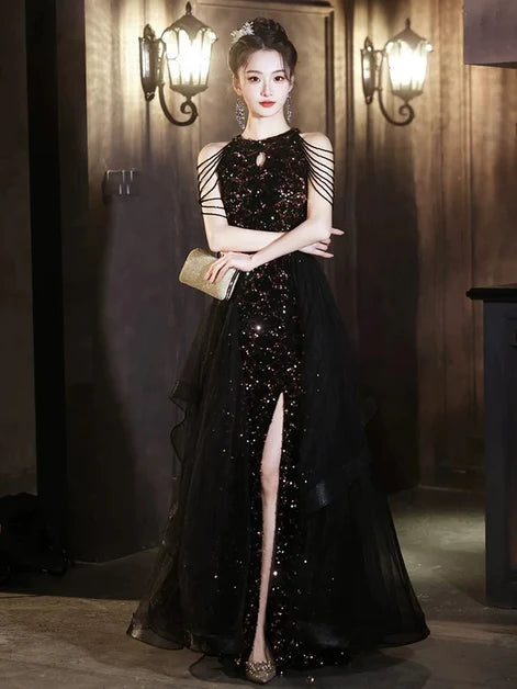 Black Sequin Sheath Keyhole Neck High Back Floor-Length Dress