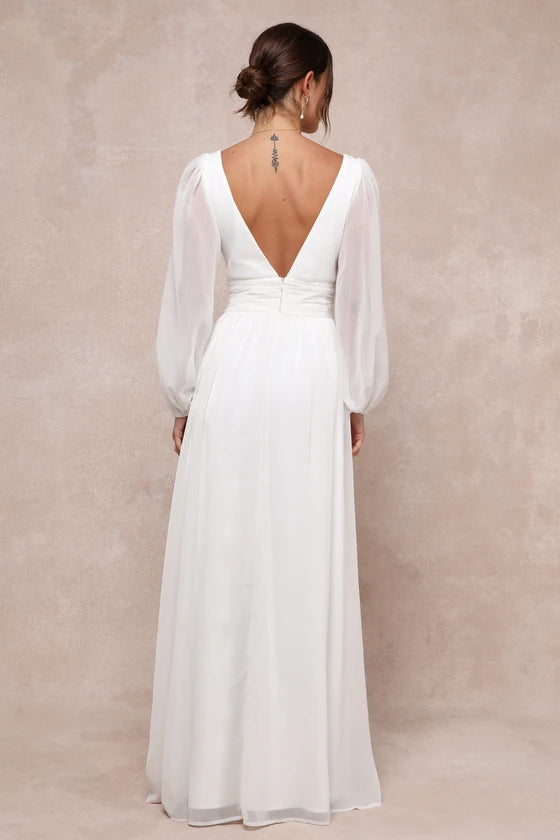 White Chiffon A-Line V-Neck V-Back Floor Length Dress