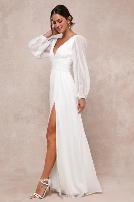 White Chiffon A-Line V-Neck V-Back Floor Length Dress