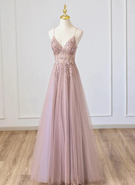 Dusty Rose Tulle A-Line V-Neck V-Back Floor-Length Dress
