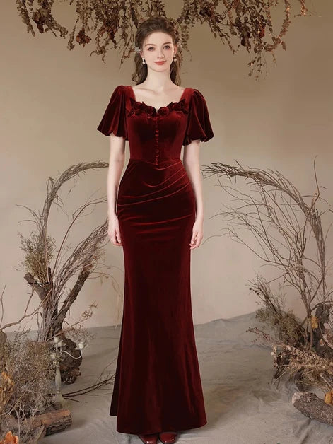 Burgundy Velvet Mermaid Sweetheart Lace-Up Back Floor-Length Dress