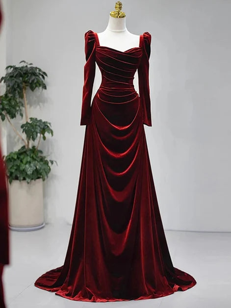 Burgundy Velvet A-Line Sweetheart Lace-up Floor-Length Dress