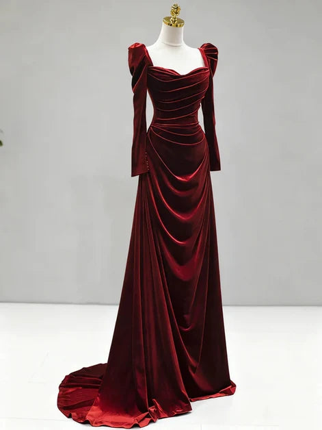 Burgundy Velvet A-Line Sweetheart Lace-up Floor-Length Dress