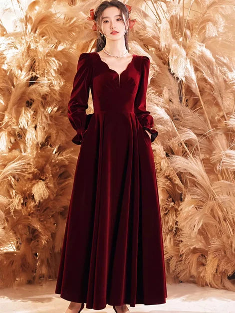 Burgundy Velvet A-Line Sweetheart V-Back Ankle-Length Dress