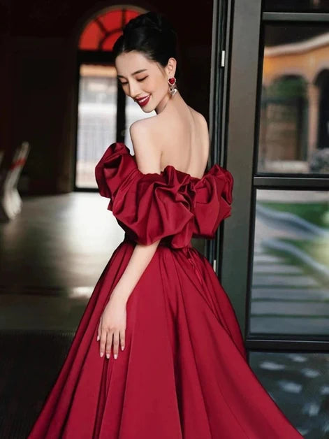 Burgundy Satin A-Line Off-the-Shoulder Low-Back Floor-Length Dress