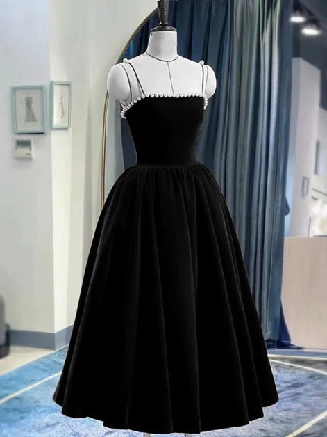 Black Velvet A-Line Straight Across Zipper Back Ankle Length Dress