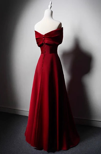 Burgundy Satin A-Line Off-the-Shoulder Lace-Up Back Floor-Length Dress