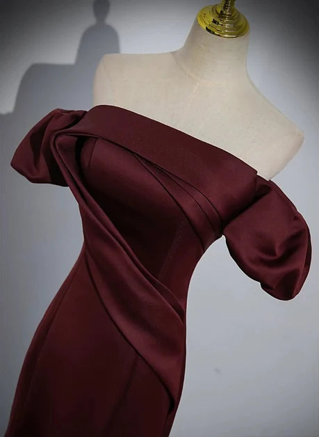 Burgundy Satin Mermaid Off-the-Shoulder Lace-Up Back Floor-Length Dress