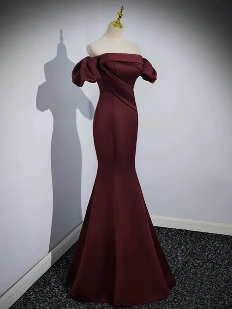 Burgundy Satin Mermaid Off-the-Shoulder Lace-Up Back Floor-Length Dress