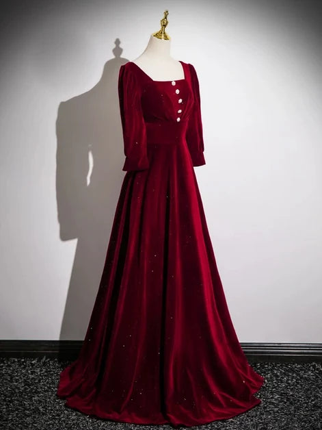 Burgundy Glitter Velvet A-Line Square Neck Lace-Up Back Floor-Length Dress