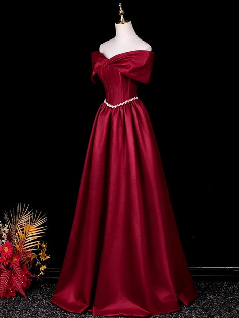 Burgundy Satin A-Line Off-the-Shoulder Lace-Up Back Floor-Length Dress