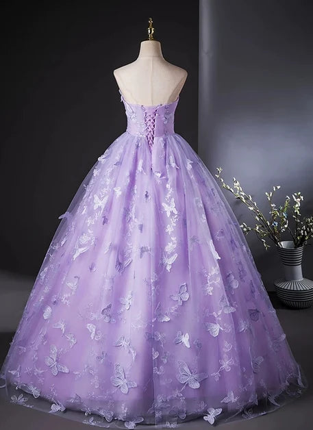 Lavender Tulle Ball Gown Strapless Lace-Up Back Floor-Length Dress