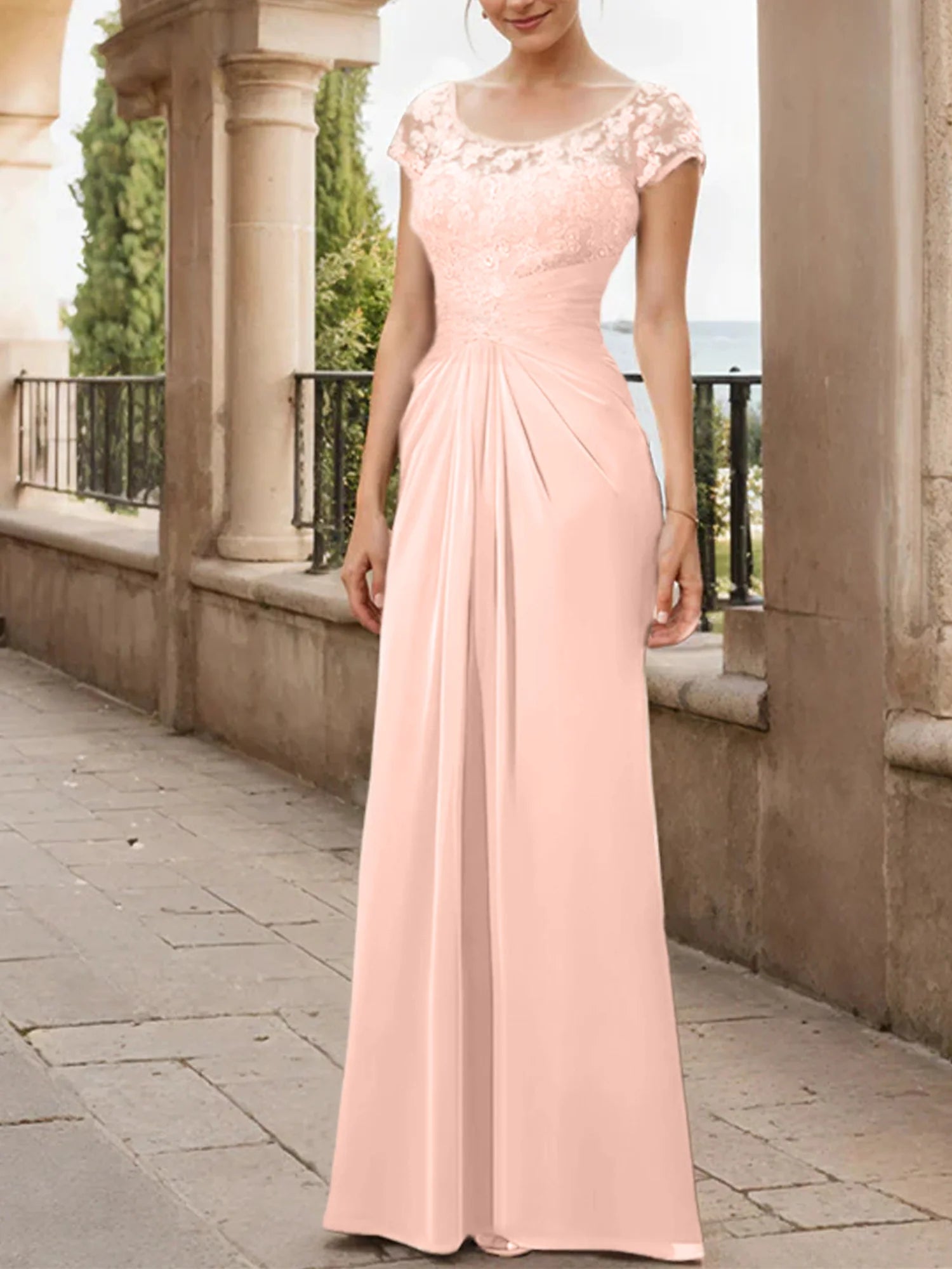 Sheath Scoop Floor-Length Chiffon Mother Of The Bride Dresses With Lace Ruffle
