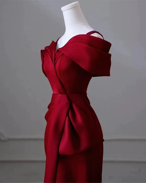 Burgundy Satin Mermaid Off-the-Shoulder Lace-Up Back Floor-Length Dress