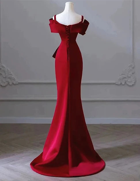 Burgundy Satin Mermaid Off-the-Shoulder Lace-Up Back Floor-Length Dress