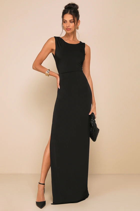 Black Stretch Knit Sheath Boat Neck High Back Floor-Length Dress