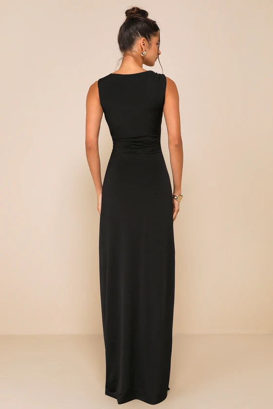 Black Stretch Knit Sheath Boat Neck High Back Floor-Length Dress