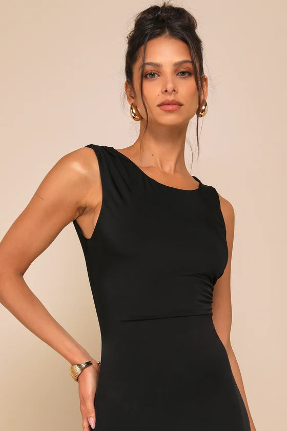 Black Stretch Knit Sheath Boat Neck High Back Floor-Length Dress