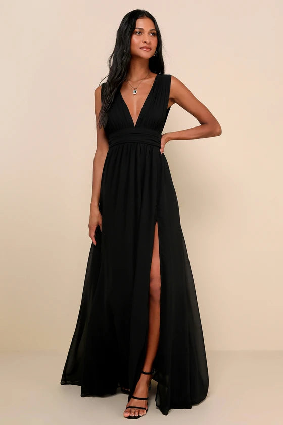 Black Chiffon A-Line Plunging V-Neck V-Back Floor Length Dress