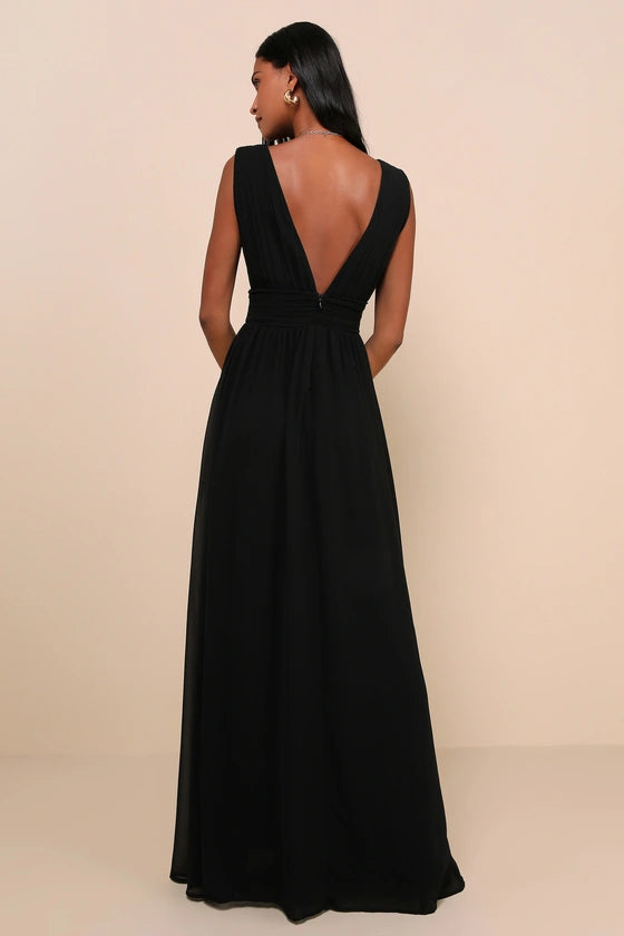 Black Chiffon A-Line Plunging V-Neck V-Back Floor Length Dress