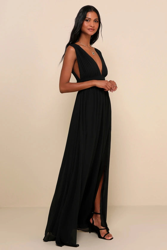 Black Chiffon A-Line Plunging V-Neck V-Back Floor Length Dress