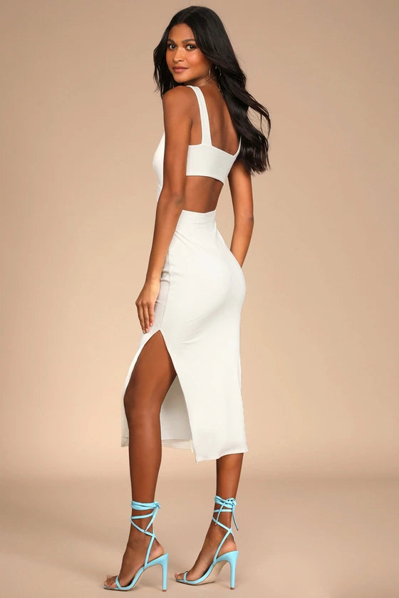 White Stretch Knit Bodycon V-Neck Open Back Midi Dress