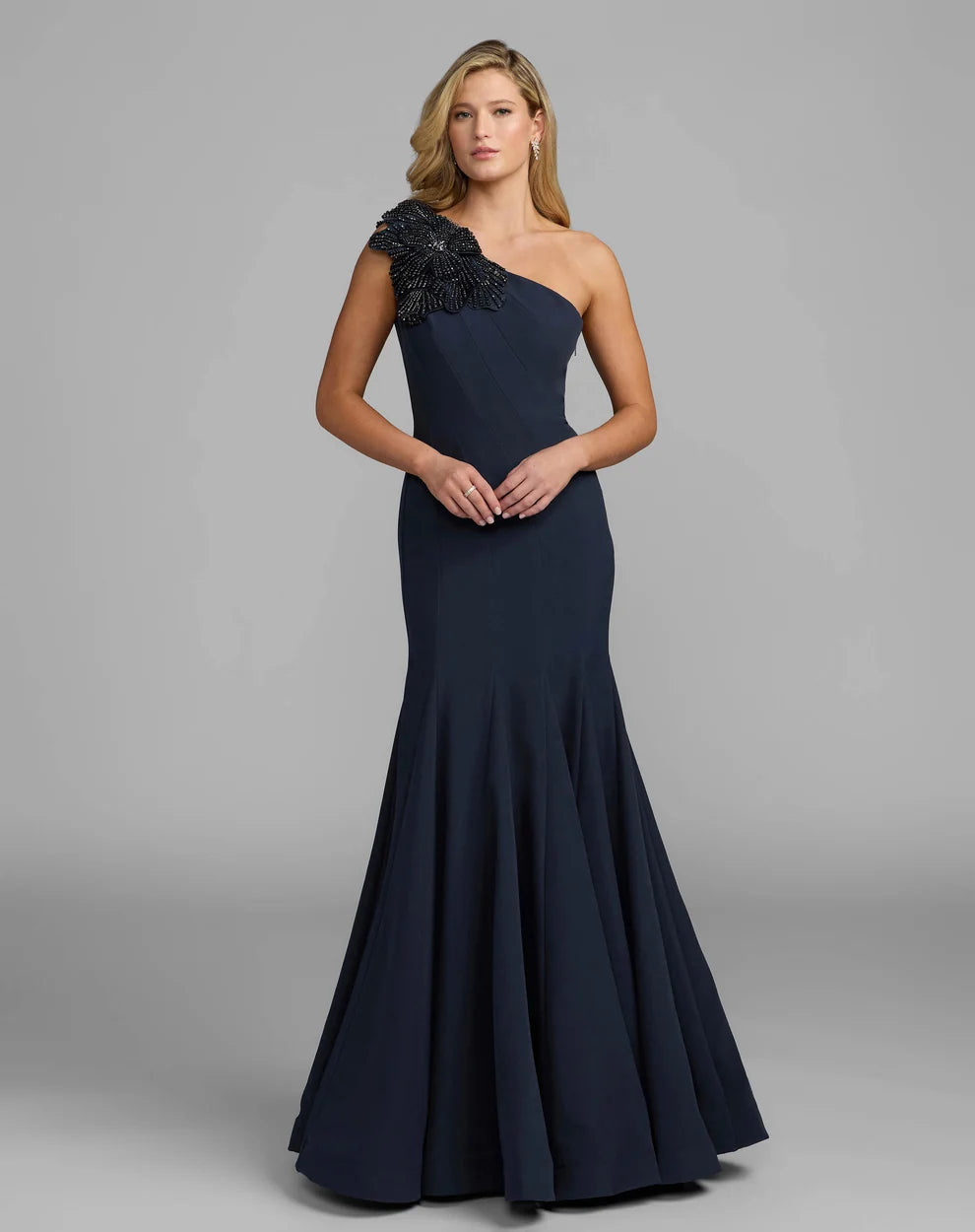Dark Navy Crepe Mermaid One Shoulder Asymmetrical Back Floor-Length Dress