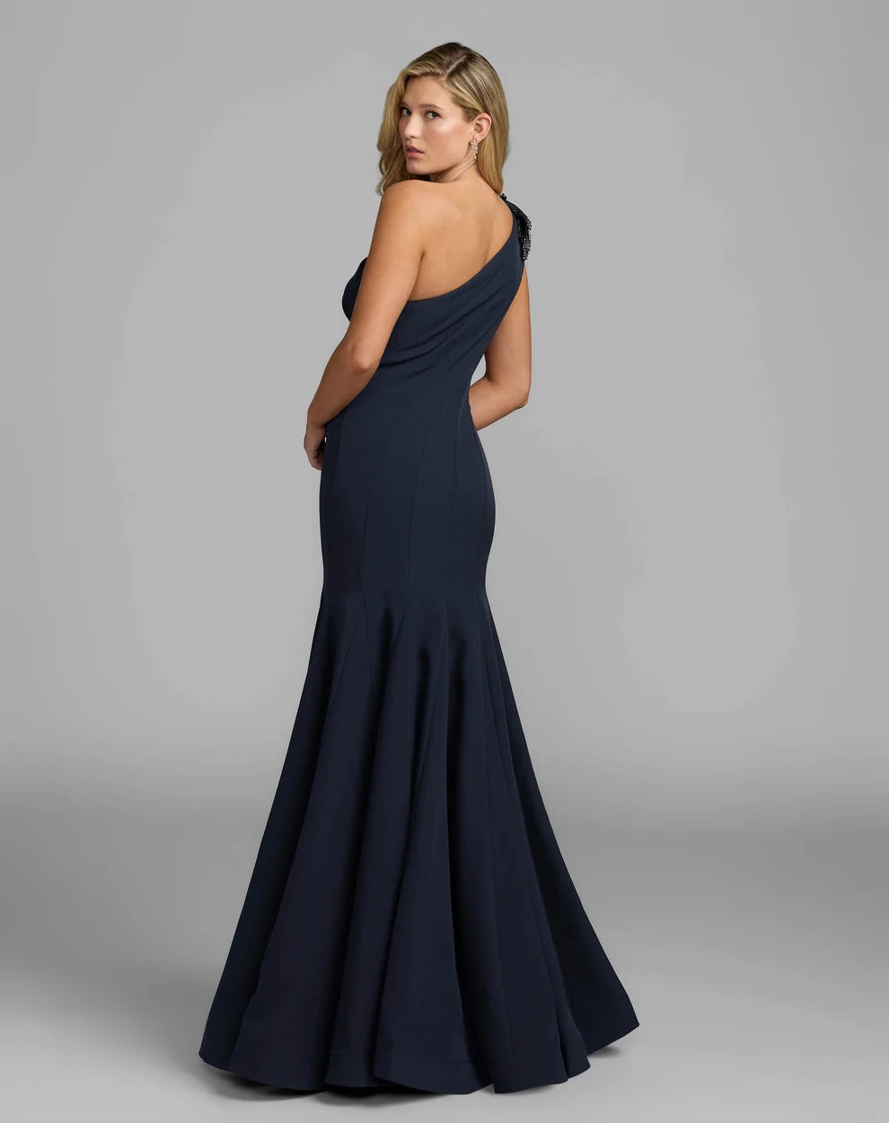 Dark Navy Crepe Mermaid One Shoulder Asymmetrical Back Floor-Length Dress
