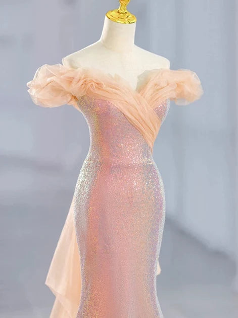 Blushing Pink Sequin and Tulle Mermaid Off-the-Shoulder Floor-Length Dress