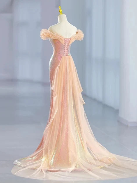 Blushing Pink Sequin and Tulle Mermaid Off-the-Shoulder Floor-Length Dress