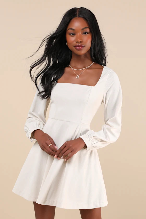 Ivory Corduroy A-Line Square Neck Zipper Back Mini Dress