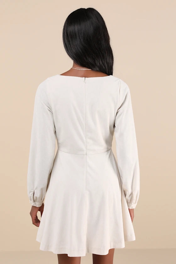 Ivory Corduroy A-Line Square Neck Zipper Back Mini Dress
