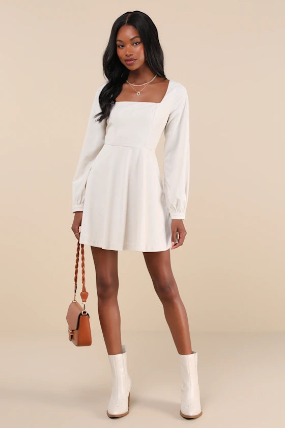 Ivory Corduroy A-Line Square Neck Zipper Back Mini Dress