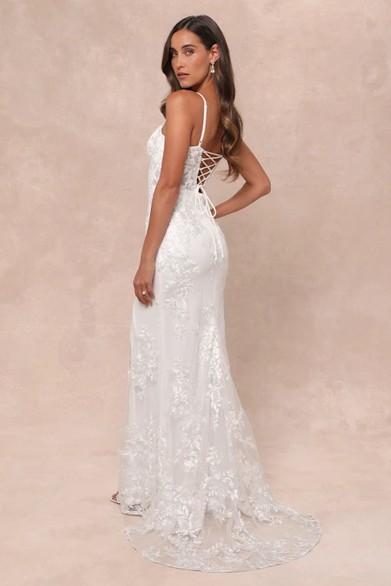 Ivory Lace Sheath Sweetheart Lace-Up Back Floor Length Dress
