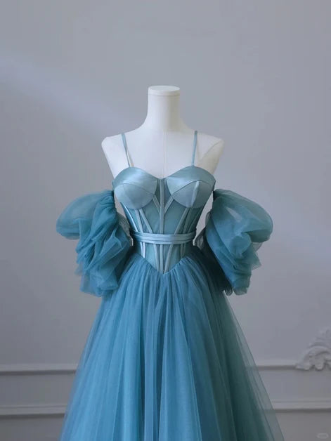 Dusty Blue Tulle and Satin A-Line Sweetheart Lace-Up Back Floor-Length Dress