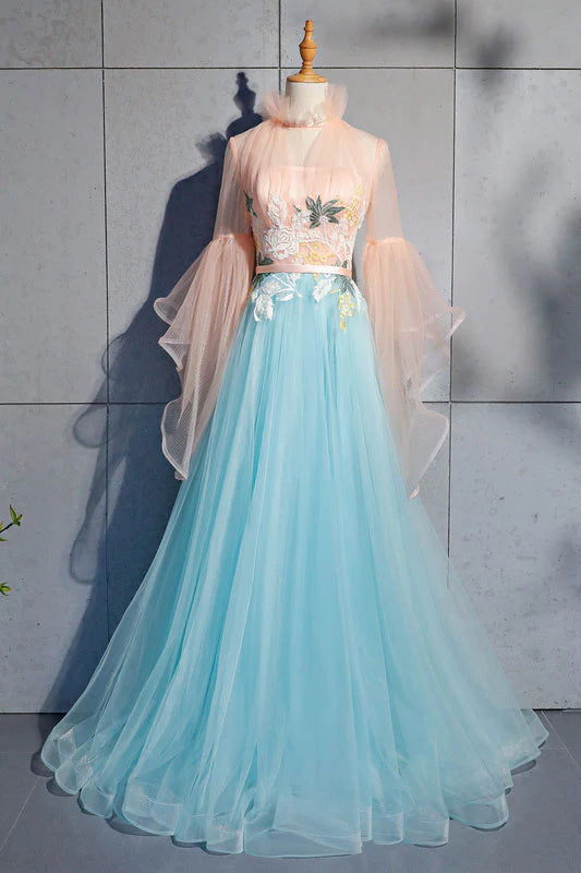 Blue Tulle Lace Long Sleeves Floor Length Prom Dress